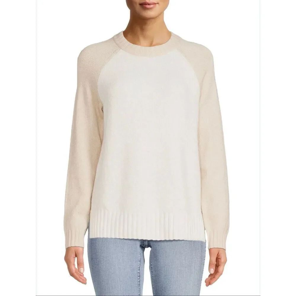 Time and Tru Women's Super Soft Color Block Pullover Sweater Cream Tan L (12-14)
